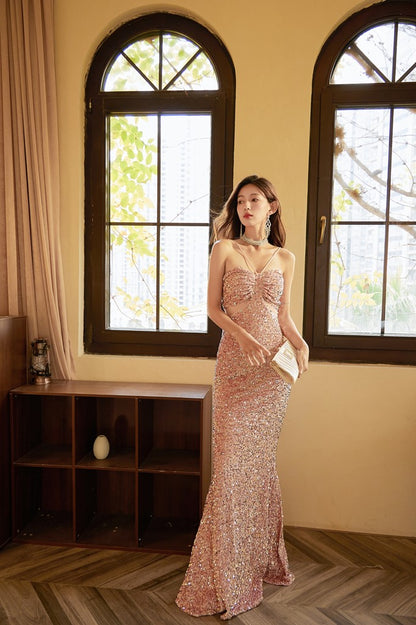 DOLLY Elegant Sequined Hollow Halter Neck Long Evening Dress-OLIVE