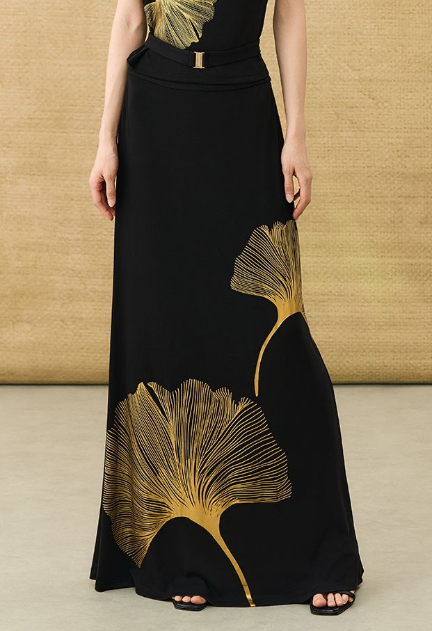 HECO Chinese Draped Summer Heavy Industry Ginkgo Biloba Print Slim Skirt - COLS.