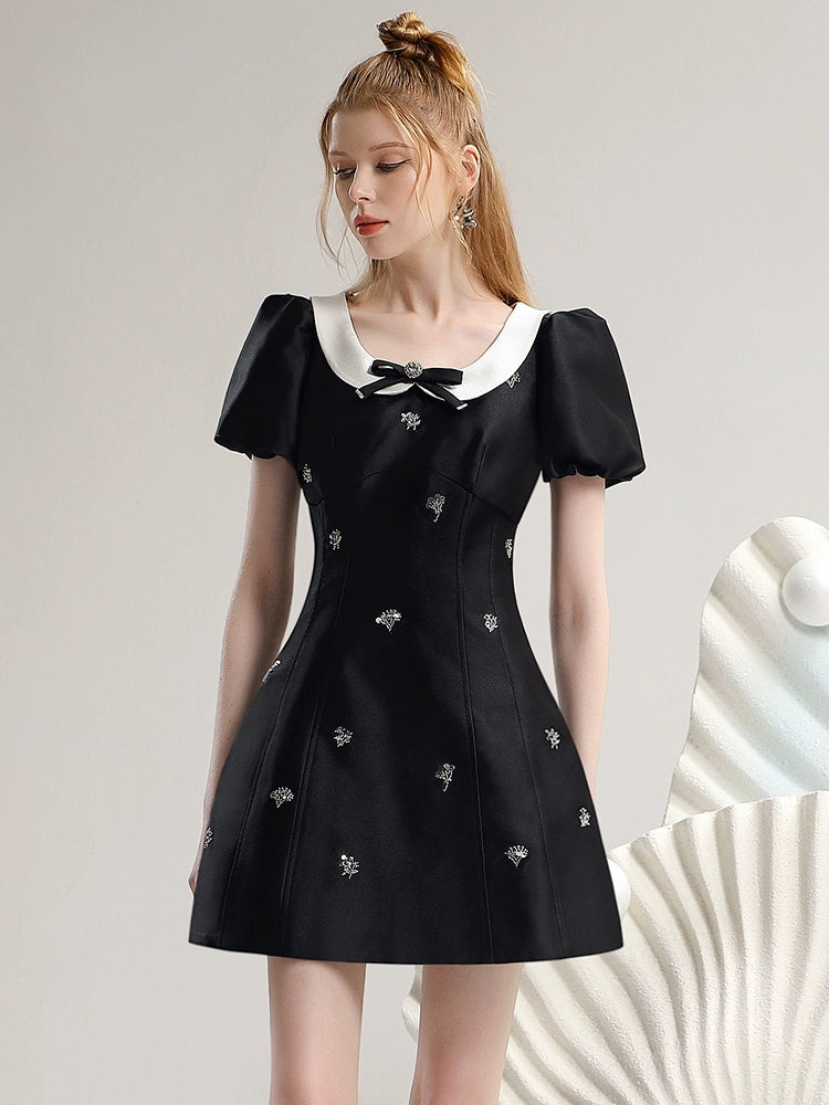 CHECOCORE Elegant  Sequin Doll Collar Women's Short Black Dress - LILLY