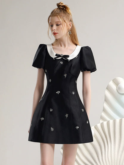 CHECOCORE Elegant  Sequin Doll Collar Women's Short Black Dress - LILLY