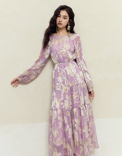HECO silk peony burnt flower pendulum long-sleeved dress women - healer.