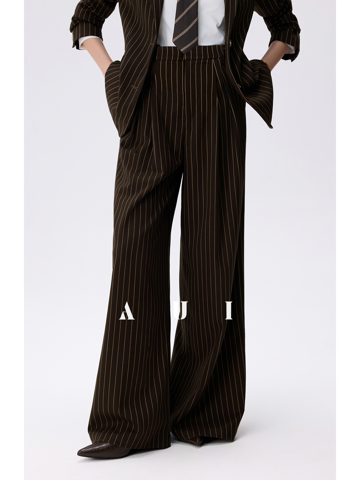 AUI Design Striped Suit High-Waisted Drape Pants -  Ji-ah.