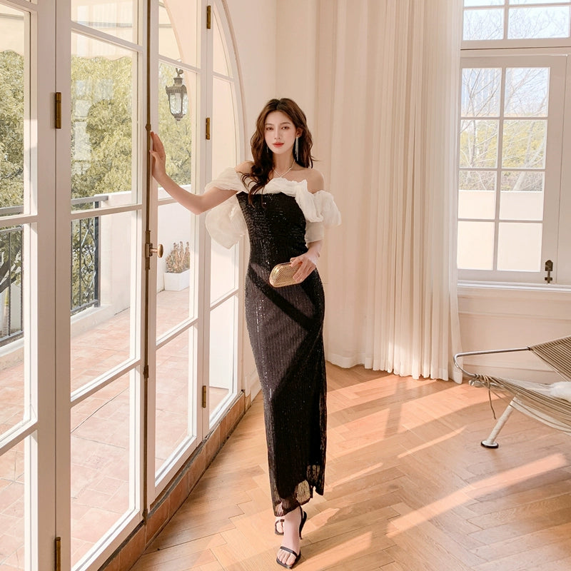 DOLLY Luxury Black Off Shoulder White Ruffle Chest Wrap Long Banquet Dress-NOLA