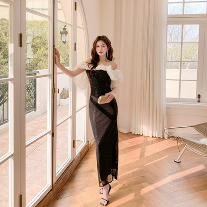 DOLLY Luxury Black Off Shoulder White Ruffle Chest Wrap Long Banquet Dress-NOLA