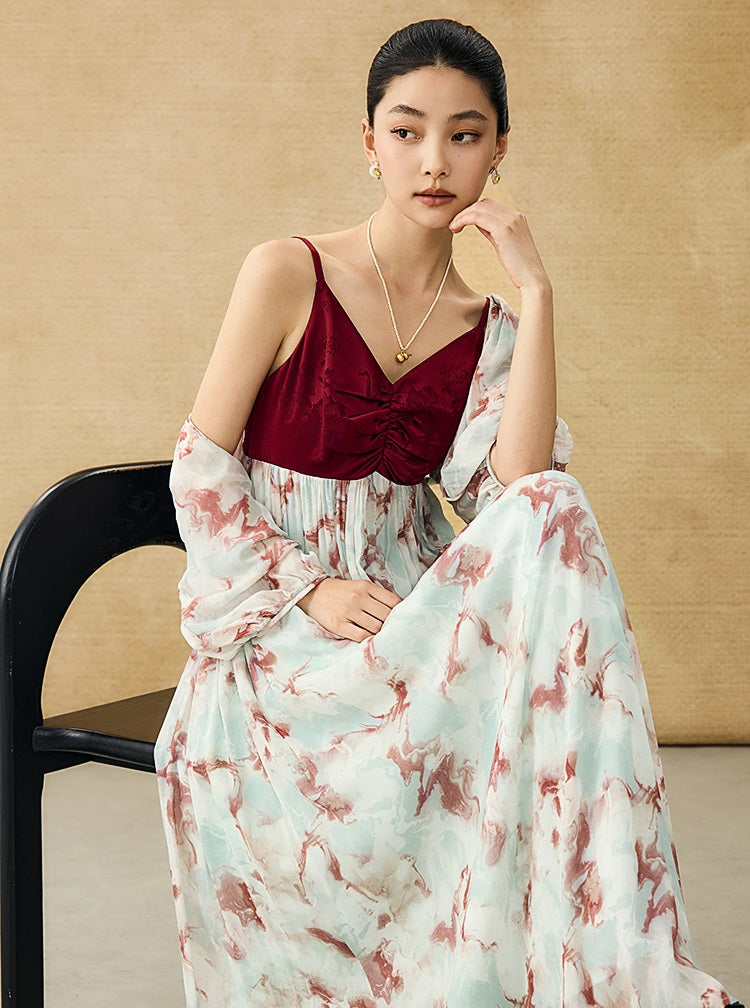 HECO Chinese V-neck camisole chiffon print long dress - BUSE.