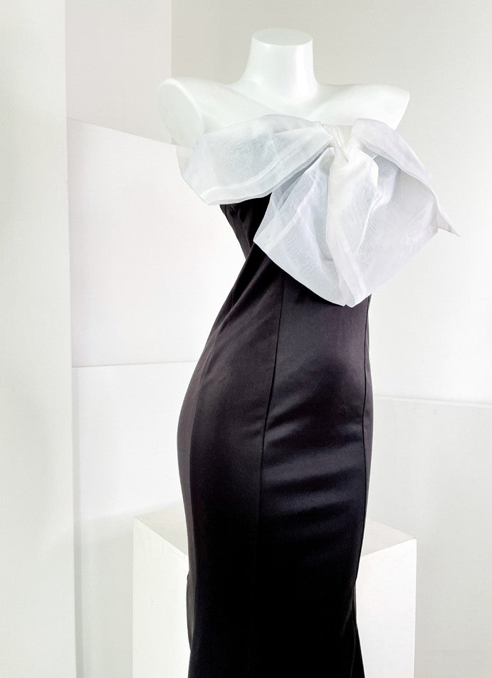 DOLLY Elegant White French Style Big Bow Long Fish Tail Cocktail Dress-FREYA