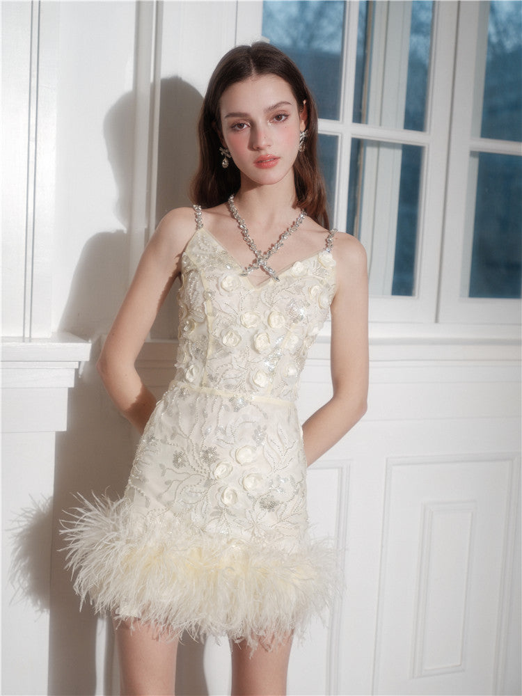 Wardrobes by Chen Luxury V-Neck Sleeveless Floral Feather Short bridal Dress-Shife