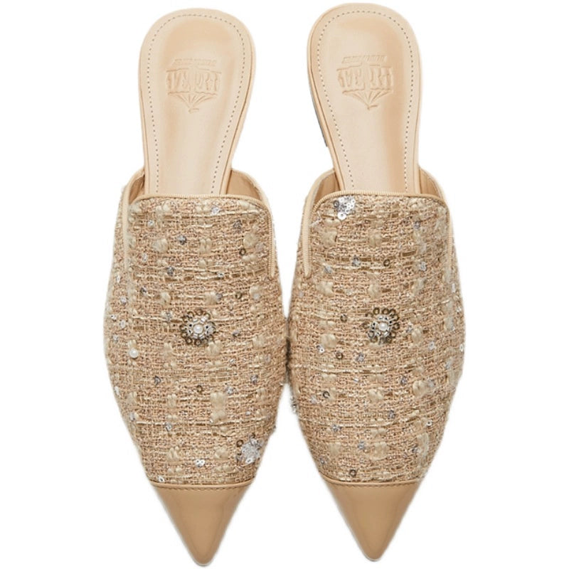B-FEI couture paneled mules flat pointed toe slippers-YUNO.