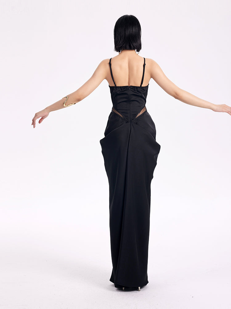TINY IN satin irregular slip sleeveless hip pleated long dress -KING