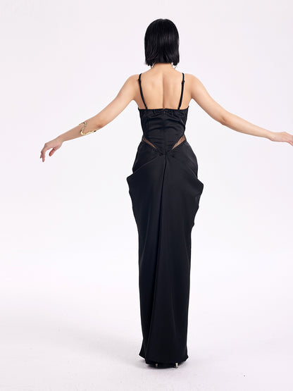 TINY IN satin irregular slip sleeveless hip pleated long dress -KING