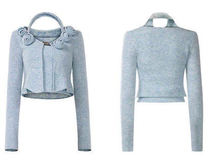 CHECOCRE Chic Three-dimensional Blue Flowers Wool Cardigan Two-piece  - CARE