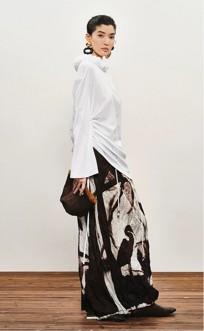 ZHUCHONGYUN Autumn Stork Leaf Slit Drawstring Skirt--YATO.