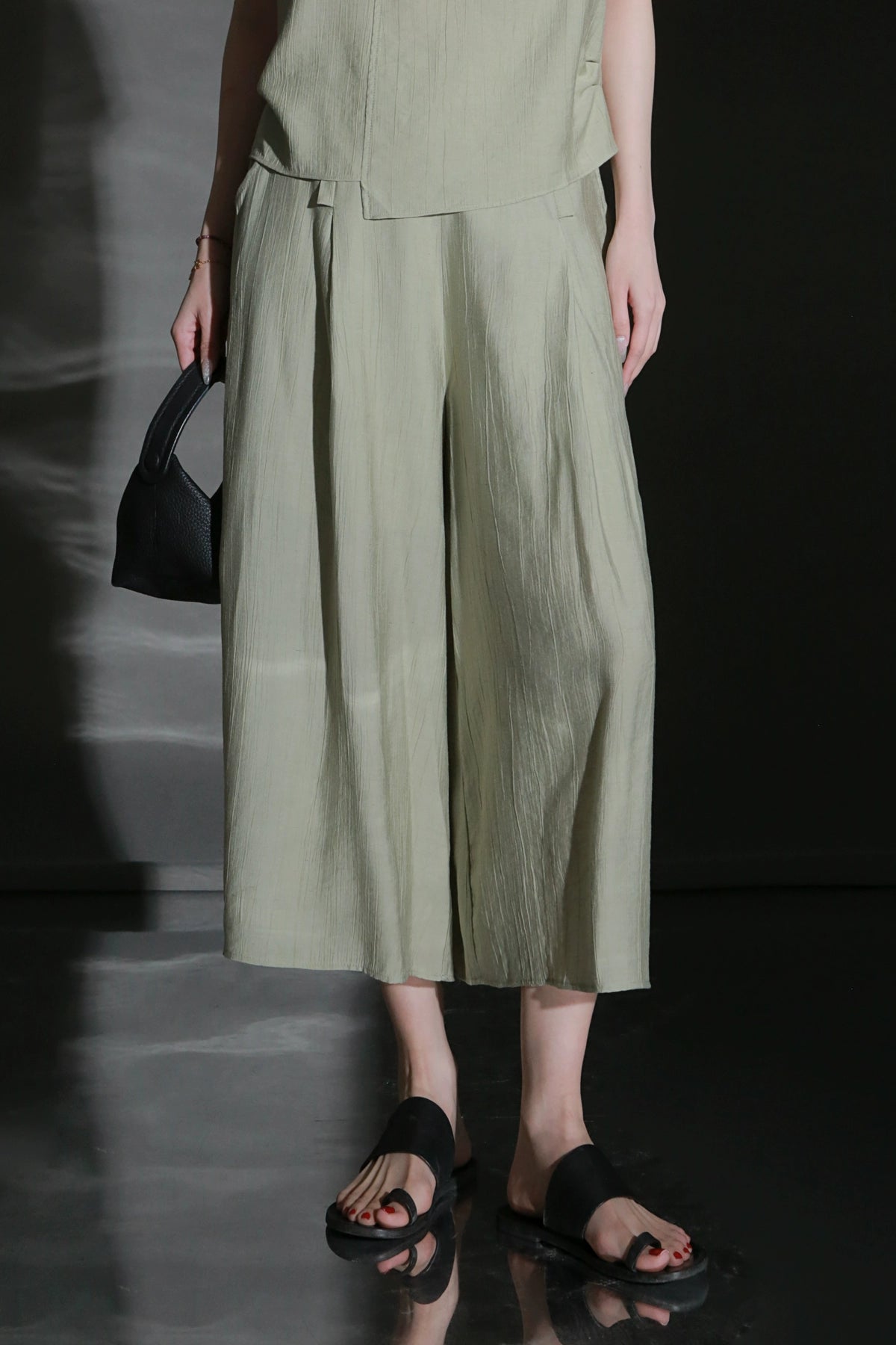 PIAOIN textured linen silk loose wide-leg cropped pants set summer-GISELLE.