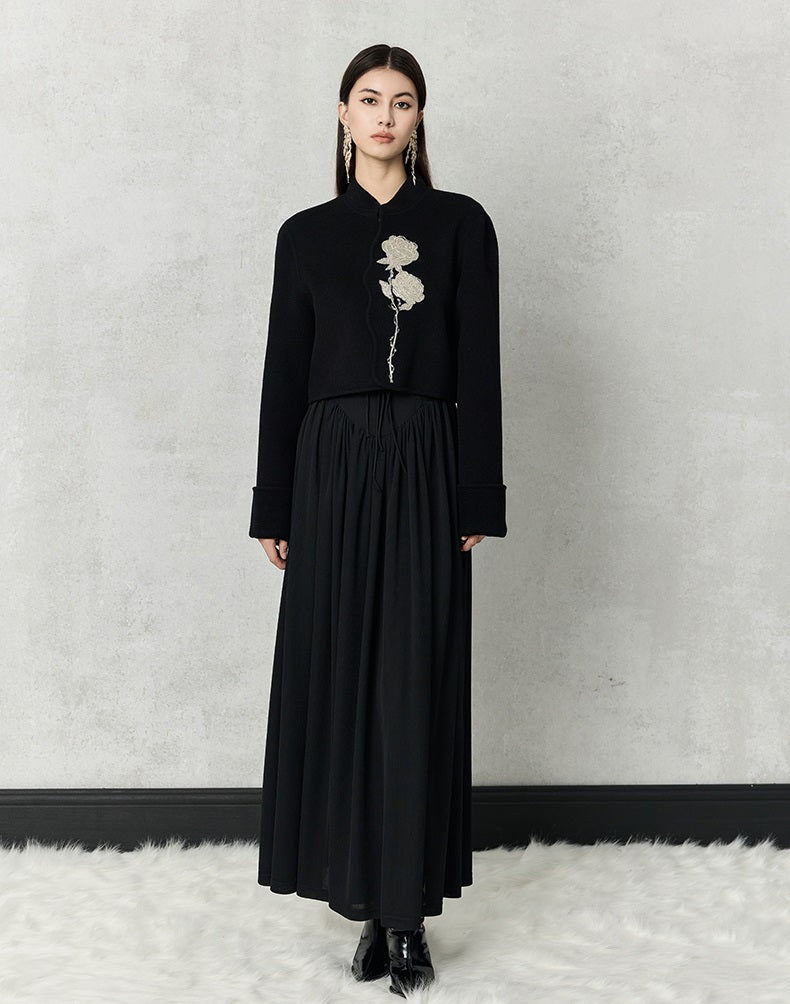 HECO 100% wool Embroidery Red black Short Double-Sided Tweed Jacket Women - out.