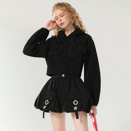 CHECOCRE Classy Sweet Cool Black Sweatshirt Shorts Two Piece Set - LEAF