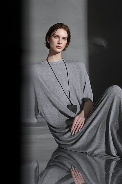 PIAOIN minimalist style nude tencel wool t-shirt skirt versatile dress -LYDIA