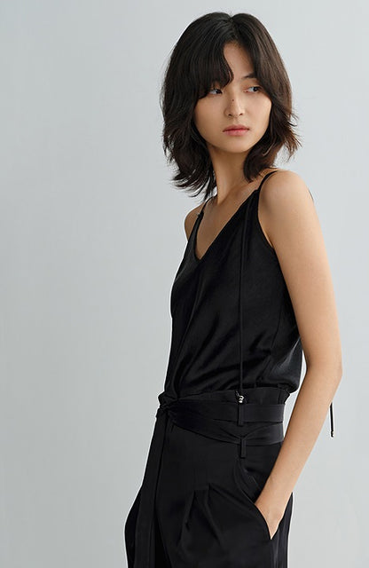 COMME MOI Lv Yan Designer Summer Women's Patchwork Satin V-Neck Sling - LEINANI.