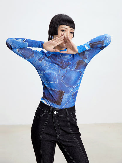 TINY IN denim print sun protection mesh long short sleeve t-shirt -IHU