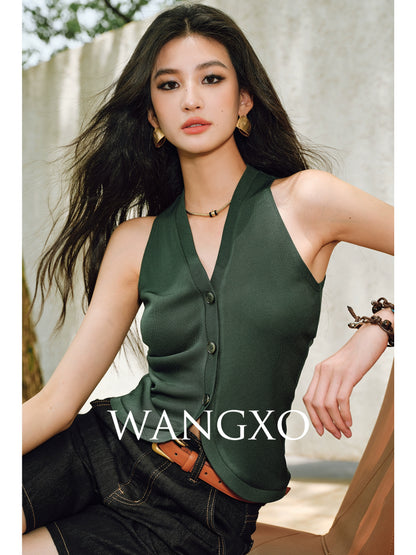 WANGXO |Vertical-Cut Acetate Double-Sided Threaded Halterneck Knitted Top -VELA