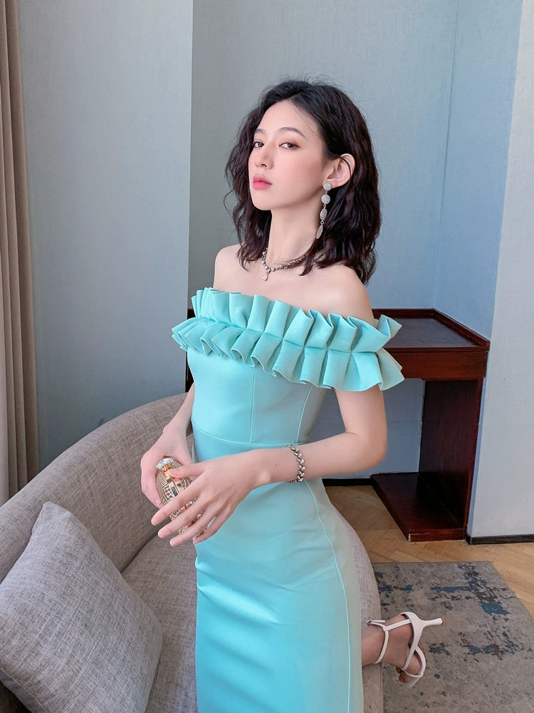 DOLLY High End Retro Style Pleated Off Shoulder Slim Fit Dinner Dress-JOLA