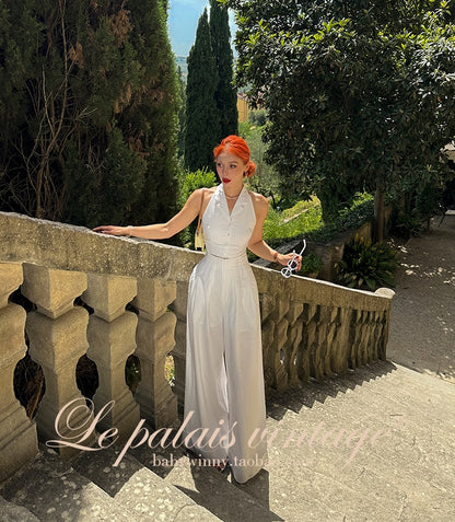 Le Palais Vintage Elegant Pure White Cotton and Linen Halter neck Vest High Waist Swing Skirt-MIA