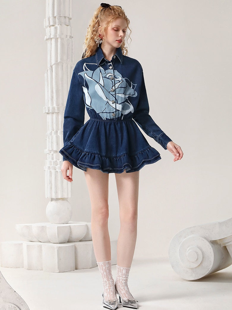 CHECOCRE Elegant Stubble Rose Print American Retro Denim Mini Dress - BETHANY
