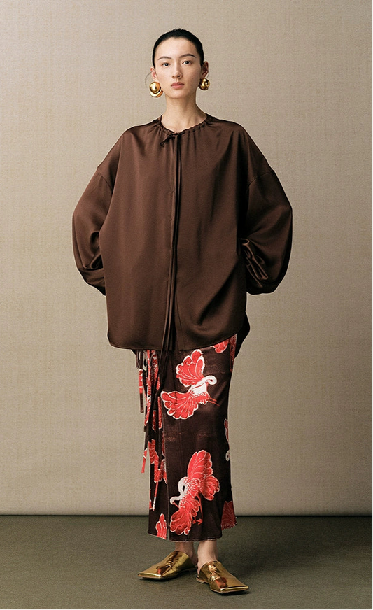 ZHUCHONGYUN Brown dropped shoulder loose voluminous-sleeved top-RYOUMEN.