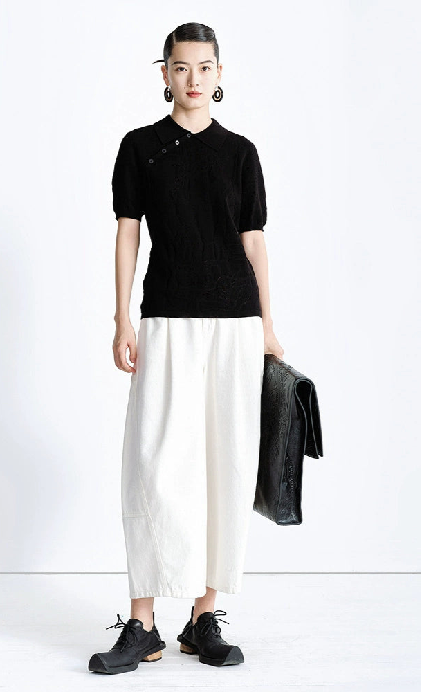 ZHUCHONGYUN black short-sleeved diagonal placket knitted top-MIHAWK.