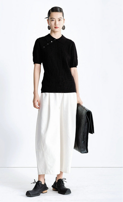 ZHUCHONGYUN black short-sleeved diagonal placket knitted top-MIHAWK.