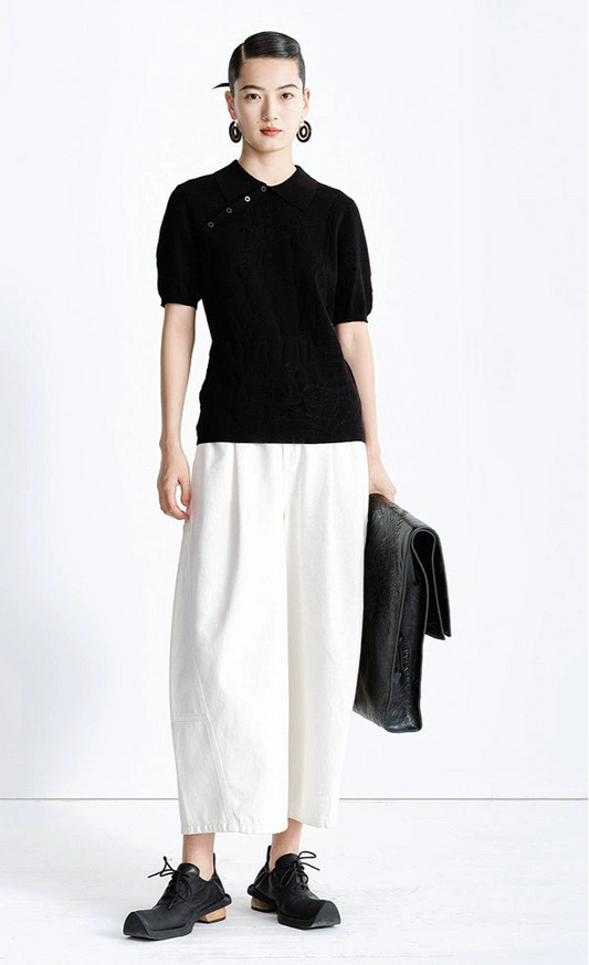 ZHUCHONGYUN black short-sleeved diagonal placket knitted top-MIHAWK.