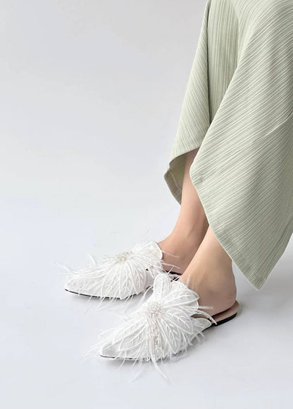 B-FEI white feather flower rhinestone flat mules-ARJO.
