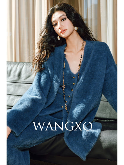 WANGXO | Ultimate Fluffy Mink Hair Texture  Lazy Soft Cardigan, Matching Vest & Elegant Fishtail Skirt Set-  KIMI ?