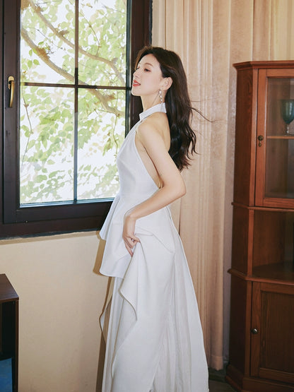 DOLLY High End White/Black Sleeveless Ruffled Halter Neck Top+ Pleated Skirt-SOLANGE