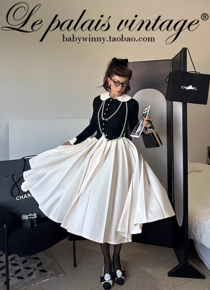 Le Palais Vintage Elegant Black and White Round Neck Cardigan High Waist Pencil Office Skirt-Ivy