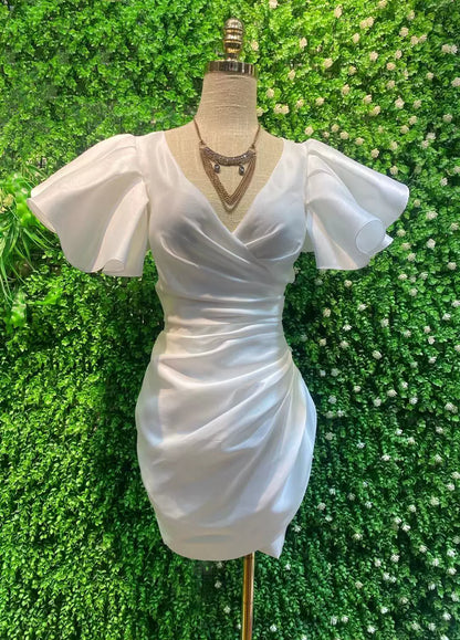 DOLLY Elegant V-Neck Short Flying Sleeve Hip Wrap Short Dinner Date Dress-KELA