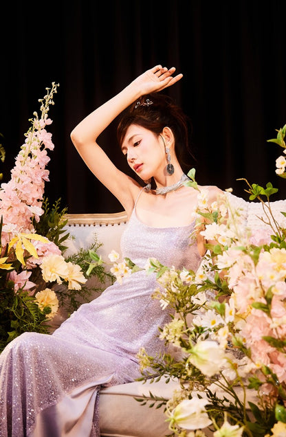 DOLLY Elegant Purple French Style Sleeveless Sequin Backless Long Evening Dress-WILLOW   (V)