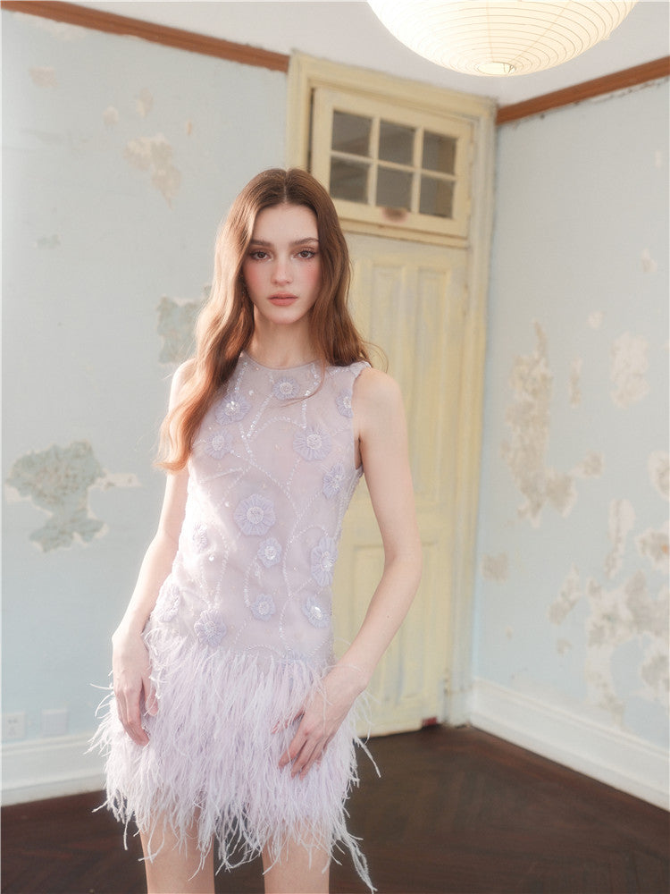 Wardrobes by Chen Purple Round Neck Sleeveless Dinner Feather Dress-Xera