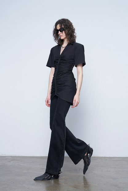 ANNAKIK Black and white pleated waist V-neck dress-FANSIA