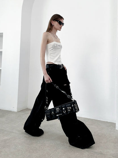 ANNAKIKI  Designer Women's Niche Black Ripped Distressed Jeans Wide-leg Pants-SPIKE