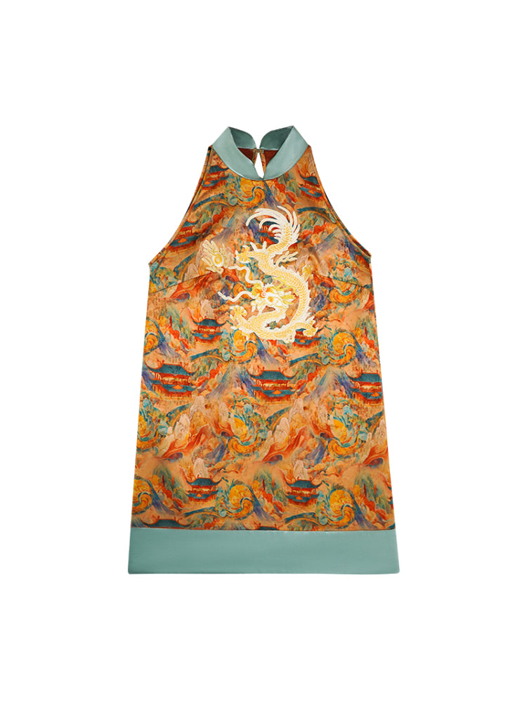 HECO Chinese Stand Collar Color-Blocked Golden Dragon Embroidery Dress - ZIPH