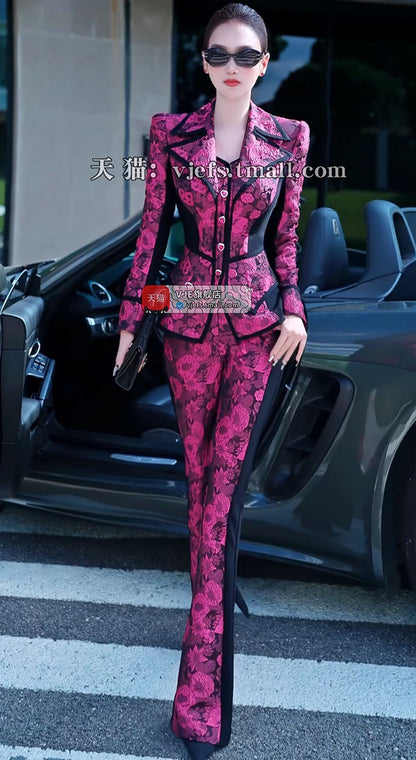 VJE Jacquard Suit Micro Flared Pants Two-Piece Set Slim OL Suit-NAMS.