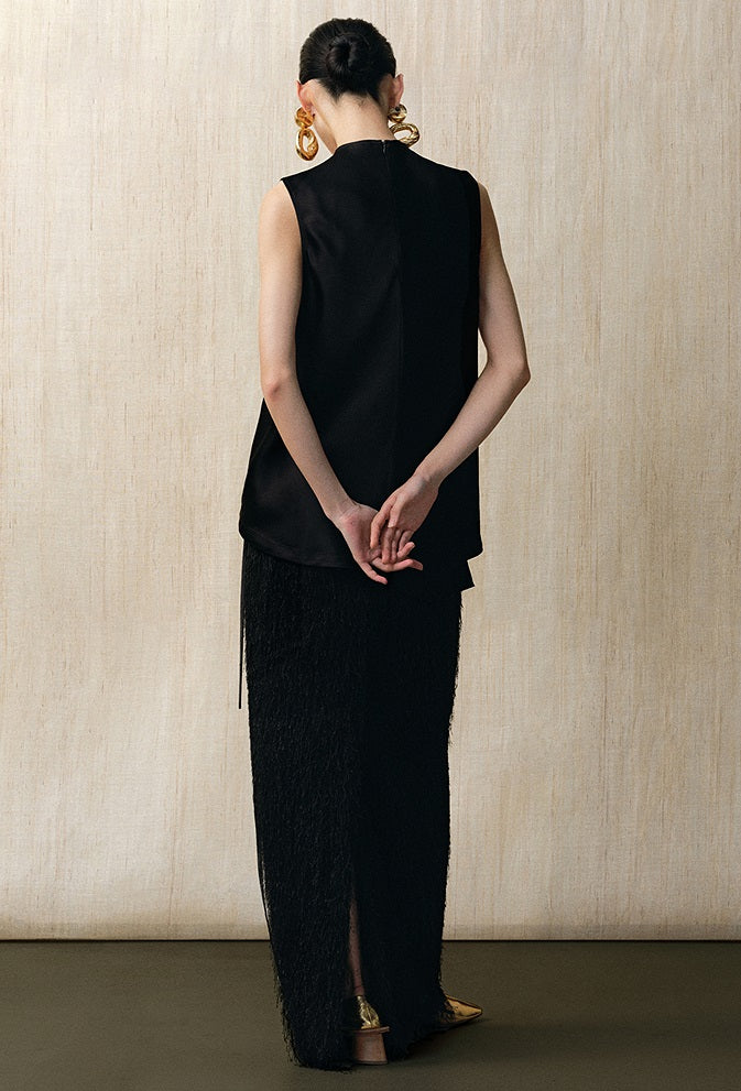 ZHUCHONGYUN crew neck black satin irregular sleeveless top-ASH.