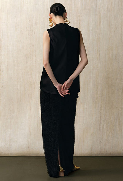ZHUCHONGYUN crew neck black satin irregular sleeveless top-ASH.