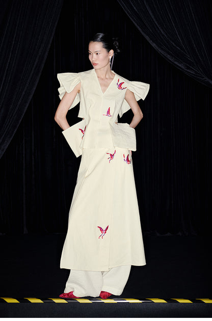 M essential Mackay designer butterfly-embroidered V-neck top skirt pants set - Amisa