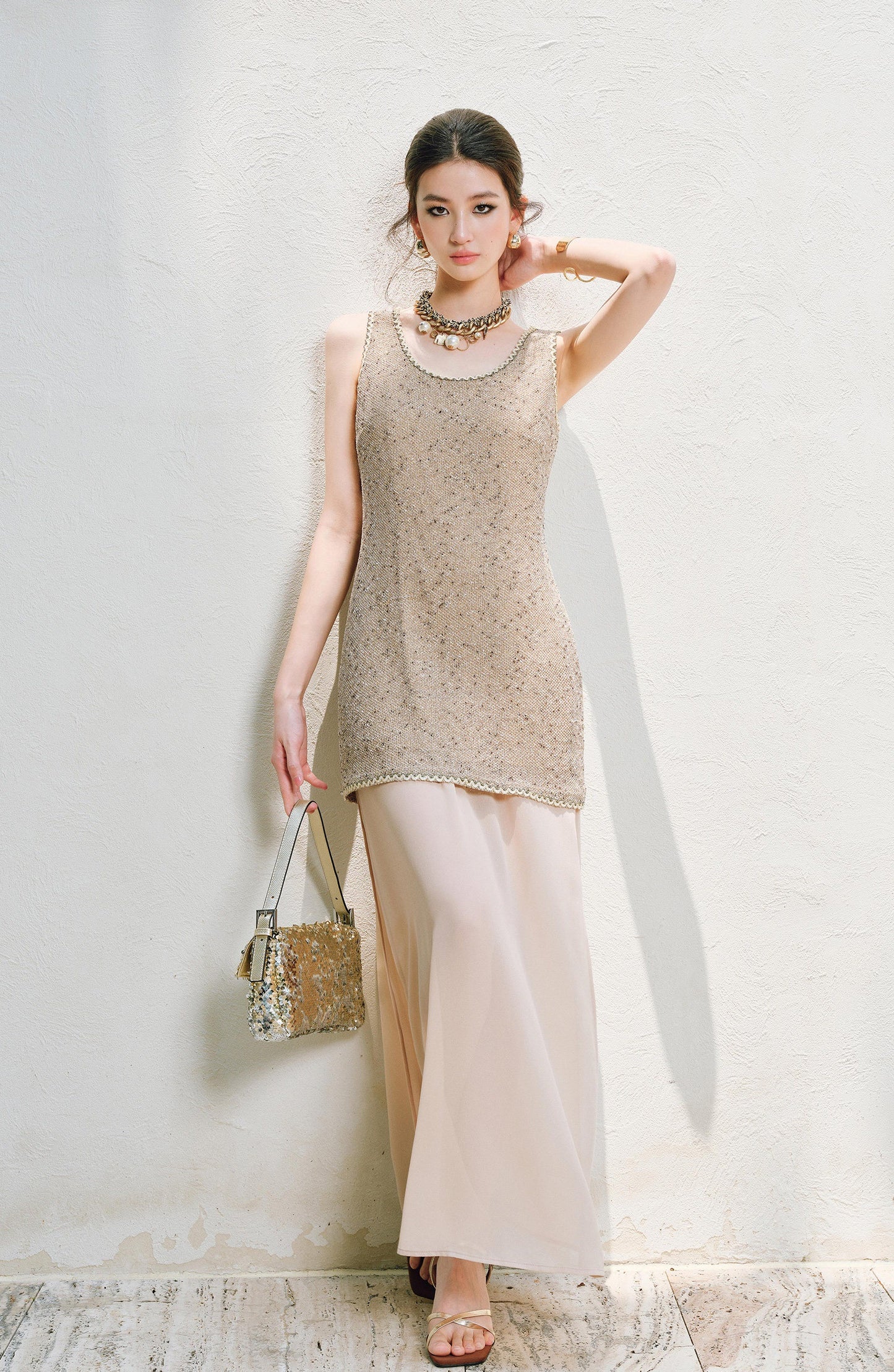 WANGXO | Satin-Stitched Georgette & Stretch Sequin Knit  Suspender Skirt & Vest Skirt Set -LUMA
