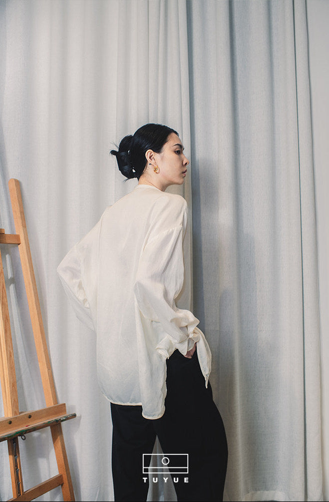 TUYUE White Linen Handmade Buckle Long Sleeve Loose Shirt- MIKO.