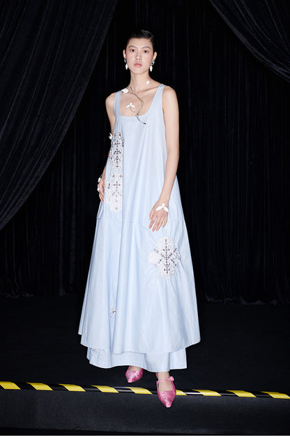 M essential Mackay designer embroidered A-hem pastel blue skirt dress - euno sia.