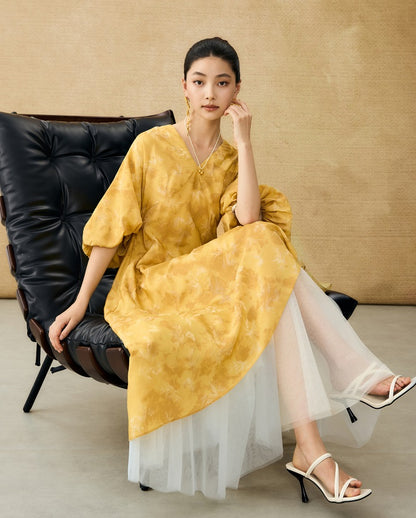 HECO Chinese V-Neck Waist Summer Elegant Floral Stitched Mesh dress - TULIP .