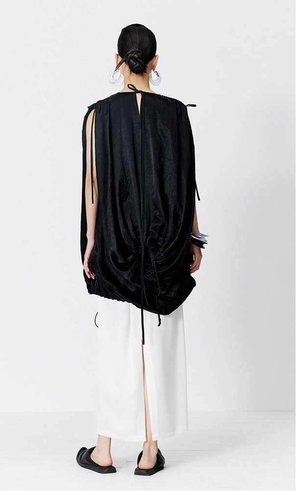 ZHUCHONGYUN Black Fiber Satin Adjustable Lace-up Loose Top--UNAKA.