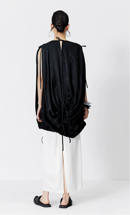 ZHUCHONGYUN Black Fiber Satin Adjustable Lace-up Loose Top--UNAKA.